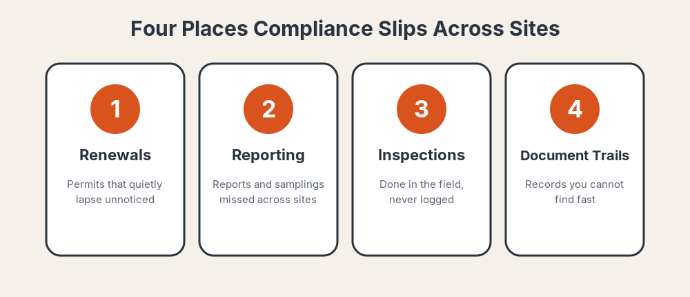 The four places multi-site compliance slips: renewals, reporting and monitoring, inspections, and document trails